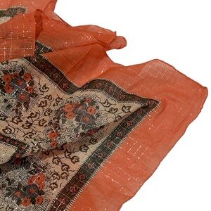 Chaudry NWOT Brown Orange Boho Pattern Lightweight Scarf India Metallic Silver